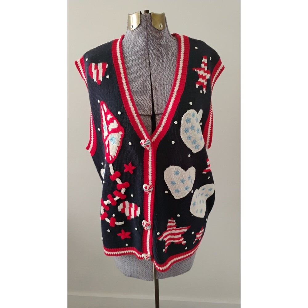 Vtg Eagles Eye Womens Sweater Vest Stars Hearts Patriotic Knit Grandma EUC Sz L